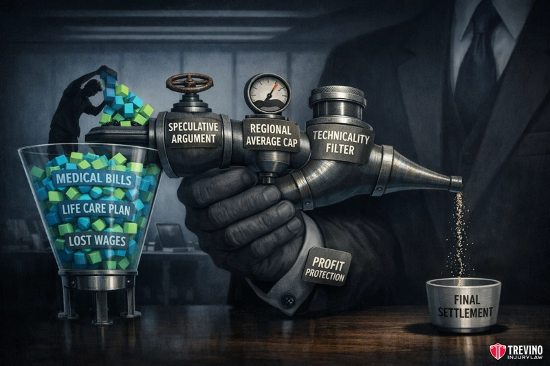Will insurance Pay for All My Economic Losses. A person in a suit uses gloved hands to pour cubes labeled “Medical Bills,” “Life Care Plan,” and “Lost Wages” through pipes with valves labeled “Speculative Argument,” “Regional Average Cap,” “Technicality Filter,” and “Profit Protection” into a small cup marked “Final Settlement.”.