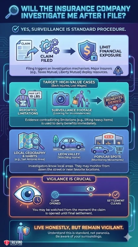 Infographic explaining how insurance companies investigate high-value claims. Steps include: claim filed, limiting financial exposure, surveillance, local habits, video/photo evidence, and reminders to remain vigilant and honest while being aware of surveillance methods.