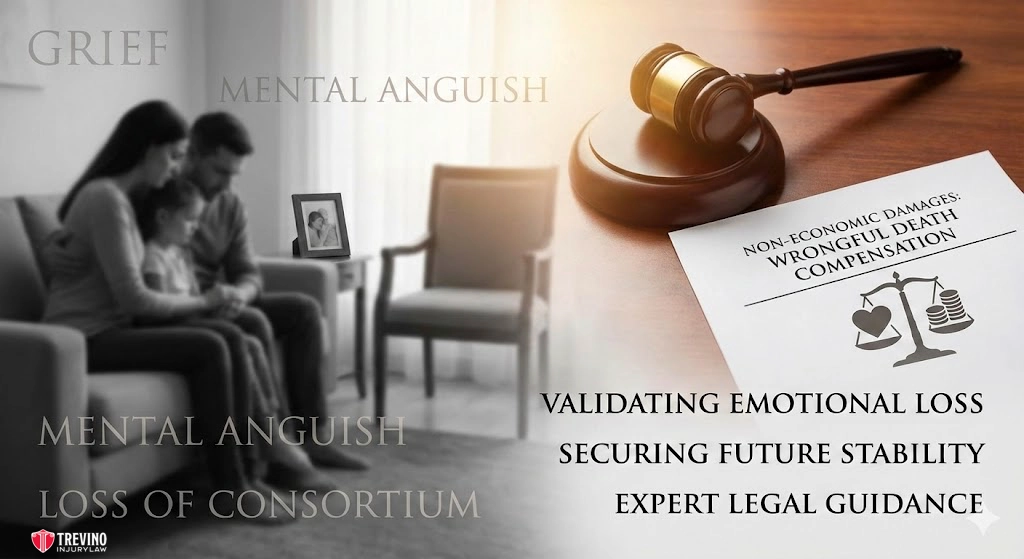 Wrongful-Death. A grieving family sits together looking at a framed photo, surrounded by words such as “GRIEF,” “MENTAL ANGUISH,” and “LOSS OF CONSORTIUM.” On the right, a gavel rests on a document titled “Wrongful Death Compensation.” Text lists benefits: validating emotional loss, securing future stability, and expert legal guidance.