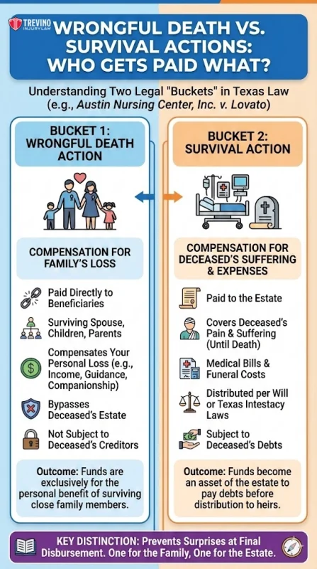 Wrongful-death-vs-survival-actions. Infographic compares wrongful death actions and survival actions in Texas law. It shows who gets paid, what for, and who receives compensation—family for losses in wrongful death, estate for decedent’s pain and expenses in survival actions. Colorful icons illustrate each point.