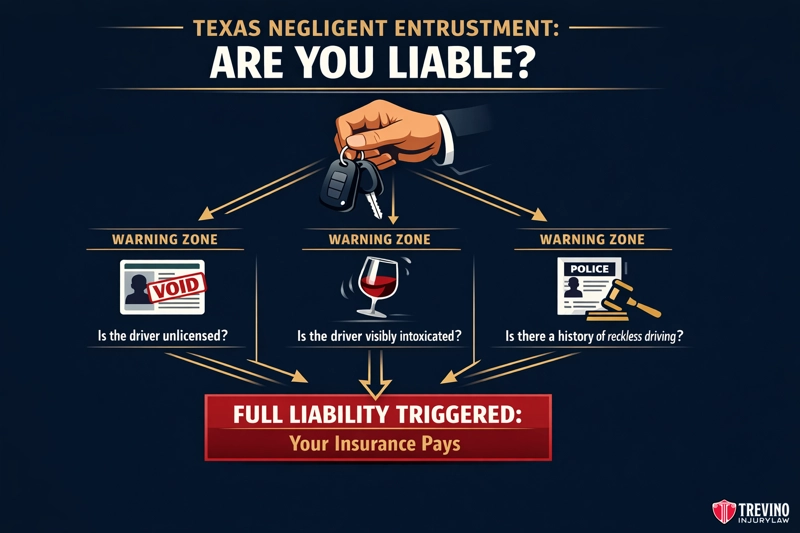 Am I liable if someone drives my car drunk? Infographic titled “Texas Negligent Entrustment: Are You Liable?” shows a hand handing car keys to another. Three warning zones illustrate risks: VOID (inexperienced driver), wine glass (intoxicated driver), police report (history of reckless driving).