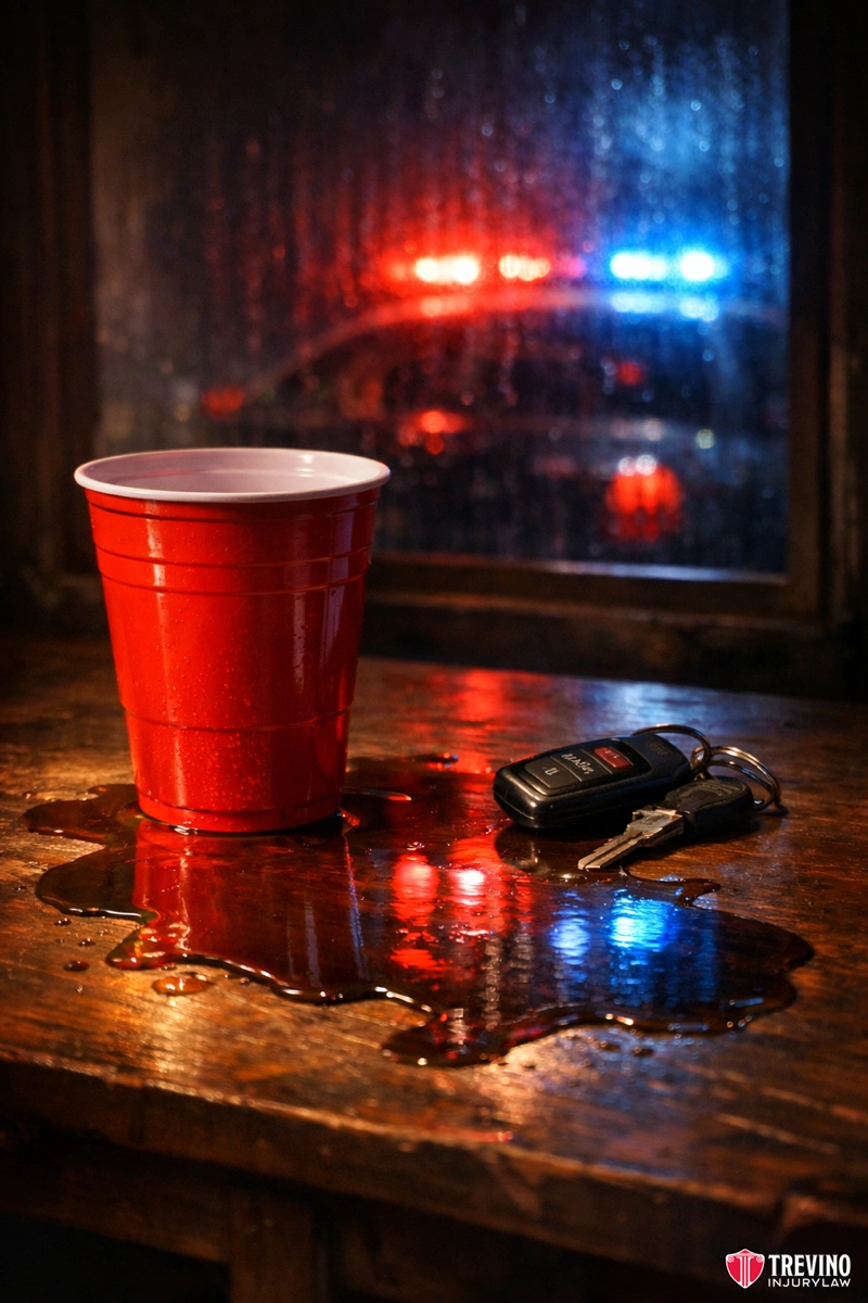 Can I sue a social host for serving alcohol at a party? A red plastic cup sits on a wet wooden table, liquid spilled around it. Car keys lie beside the cup. Outside a rainy window, blurred red and blue police lights are visible, suggesting a warning about drinking and driving. Trevino Injury Law logo is in the corner.