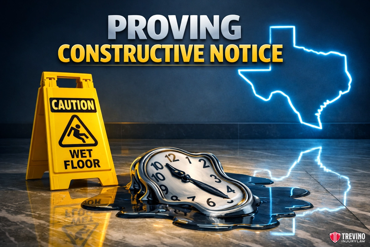 Constructive notice Texas slip and fall. A “Caution: Wet Floor” sign stands next to a melting clock on a shiny floor. Behind, text reads “Proving Constructive Notice” with “Constructive Notice” in yellow. A glowing outline of Texas is on the wall; Trevino Injury Law logo appears at the bottom right.