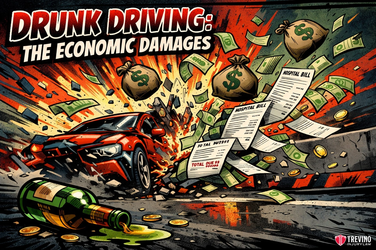drunk driving accident economic damages. A red car crashes with money bags, coins, and hospital bills flying out. A broken liquor bottle lies on the road. Bold comic-style text reads “Drunk Driving: The Economic Damages.” The scene is dramatic, emphasizing financial costs of drunk driving.
