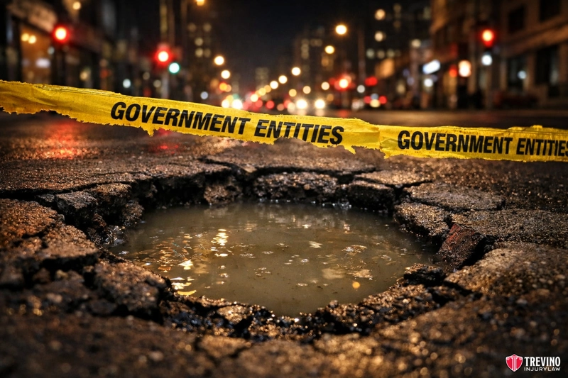 Government entities. A large pothole filled with murky water sits in the middle of a city street at night. Yellow tape labeled "GOVERNMENT ENTITIES" crosses above it. Blurred streetlights and buildings are visible in the background.