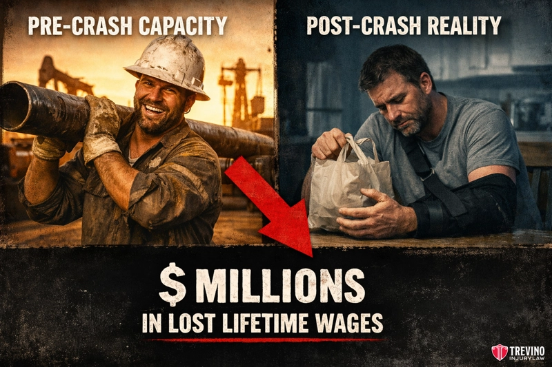 How do we prove the value of future medical care. Split image showing a happy worker in a hard hat holding a pipe on the left labeled "Pre-Crash Capacity," and a sad injured man with his arm in a sling eating lunch on the right labeled "Post-Crash Reality." Large red arrow points to text: "$ Millions in Lost Lifetime Wages.
