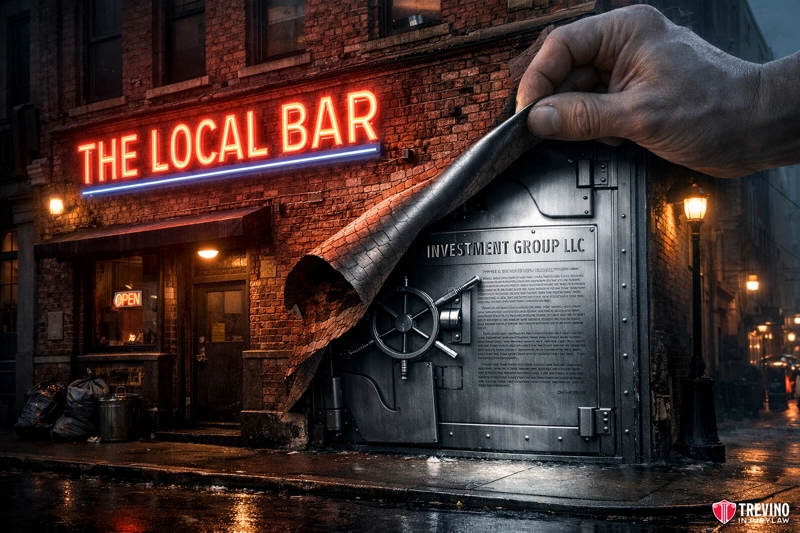 How do you identify the correct provider to sue. A large hand peels back the brick wall of a bar with a neon sign reading "The Local Bar," revealing a hidden bank vault door labeled "Investment Group LLC" inside the building. The street is wet, and the scene is dimly lit, creating a mysterious atmosphere.