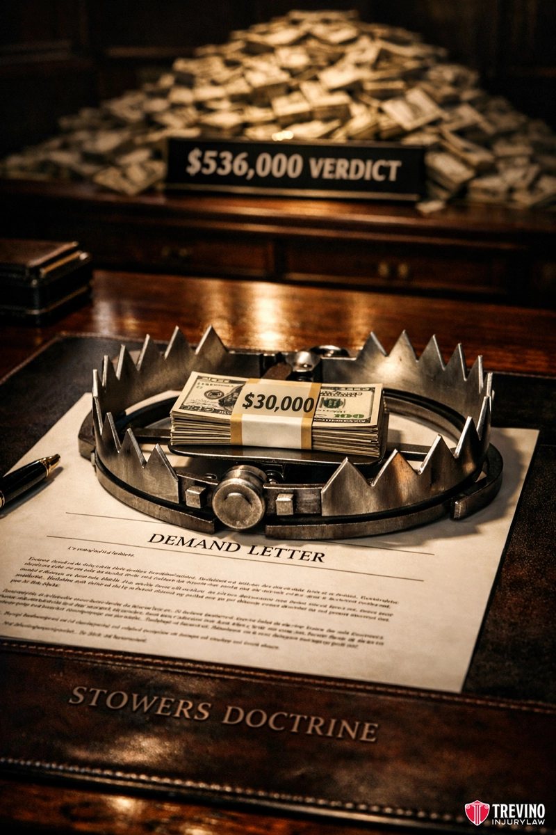 How the stowers doctrine forces insurers to pay policy limits. A stack of $30,000 in cash sits inside a metal bear trap on a desk. The cash rests on a legal document labeled "DEMAND LETTER." A nameplate behind shows "$536,000 VERDICT" with stacks of cash. The desk pad reads "STOWERS DOCTRINE.