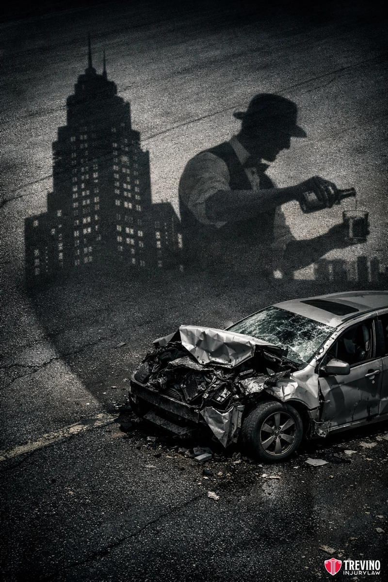 Is the drunk driver always liable? A car with a severely crushed front end sits on an empty street at night. On a building’s wall behind it, a shadow looms—silhouetting a man in a fedora pouring a drink, with a city skyline as part of the shadow. Logo "Trevino Injury Law" is at the bottom right.