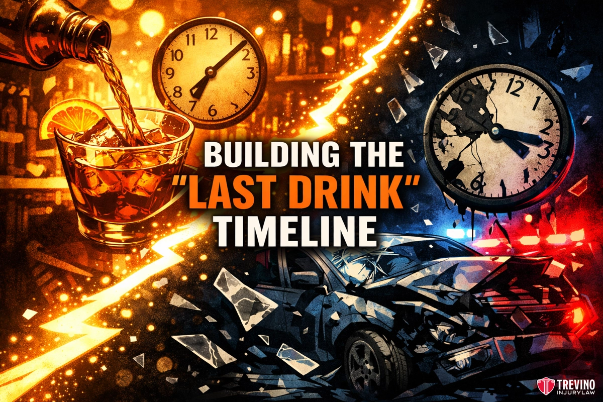 Last drink timeline in a dram shop accident. A split-image showing a drink being poured into a glass with clocks and orange light on the left, and a wrecked police car with shattered glass, clocks, and blue light on the right. Text reads: “Building the ‘Last Drink’ Timeline.”.