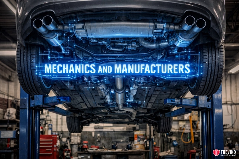 Mechanics and manufacterers. A car is lifted in an auto repair shop, showing its undercarriage. A blue, digital-style sign overlays the image, reading “MECHANICS AND MANUFACTURERS.” Workshop tools and equipment are visible in the background. Trevino Industries logo is at the bottom right.