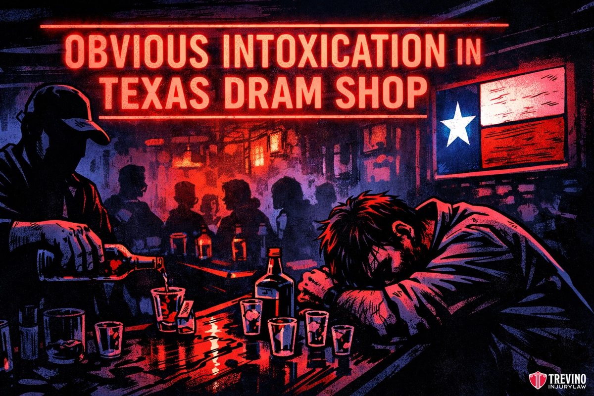 Obvious intoxication Texas dram shop. A neon sign reads “Obvious Intoxication in Texas Dram Shop.” A person slumps over a bar with empty shot glasses and bottles. Another pours liquor. The Texas flag glows on the wall. The bar is dimly lit with red and blue tones.