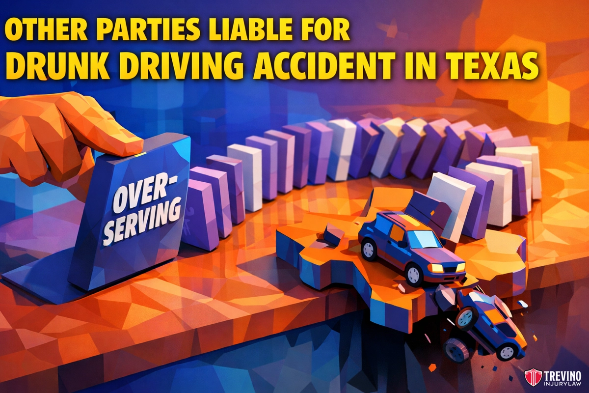 Other parties liable for drunk driving accident in Texas. Illustration of toy cars crashing off a map of Texas. Dominoes labeled "over-serving" are being knocked over. Bold yellow text at top reads: "Other Parties Liable for Drunk Driving Accident in Texas." Trevino Injury Law logo is in the corner.