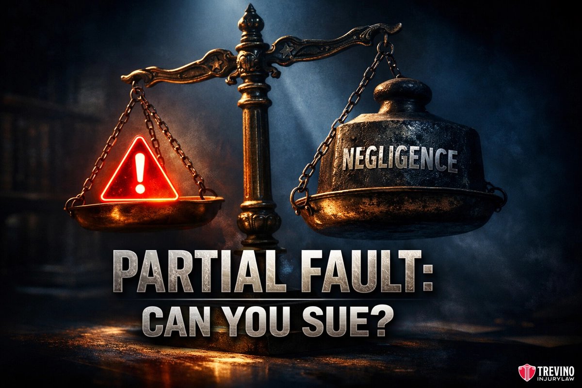 Partial-fault-slip-and-fall-Texas. A dramatic image shows old-fashioned scales balancing a glowing red warning triangle and a dark weight labeled "Negligence." Bold text below reads, "PARTIAL FAULT: CAN YOU SUE?" The Trevino Injury Law logo appears in the bottom right corner.