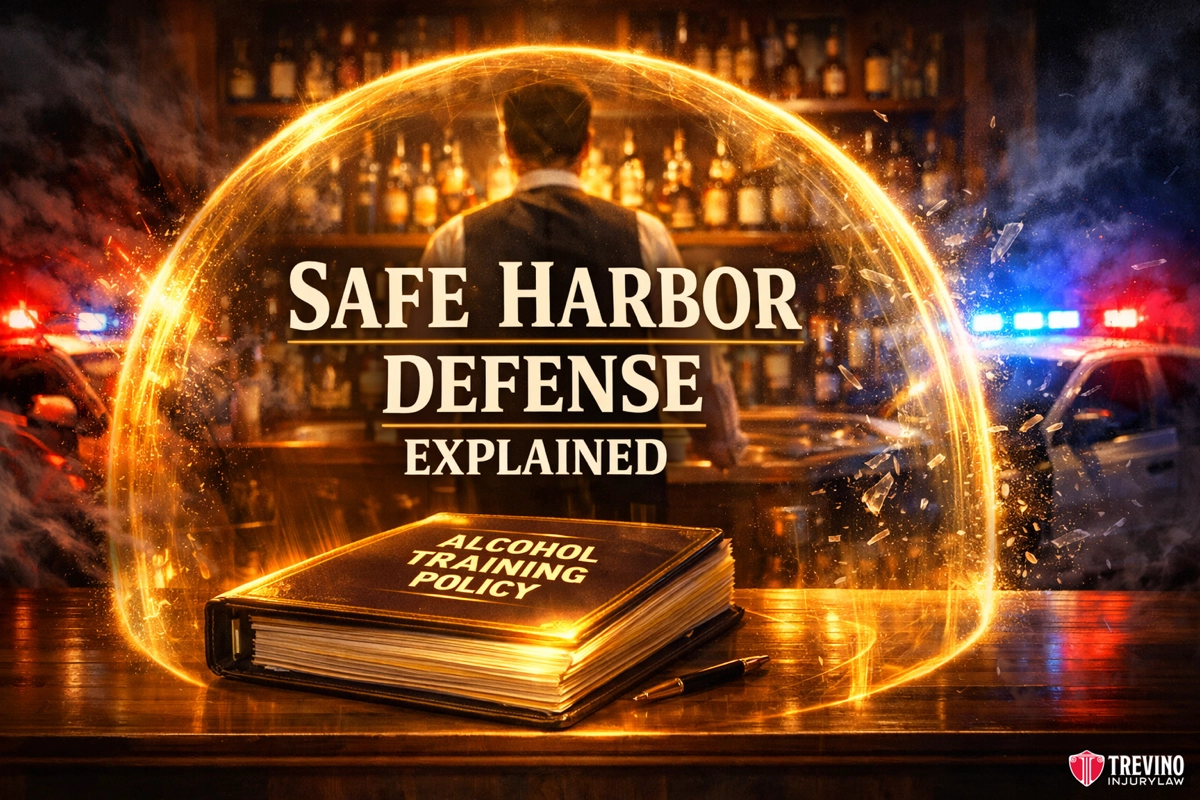 Safe harbor defense explained. A bartender stands at a bar with police car lights outside. A glowing dome surrounds him. In front, a book labeled “Alcohol Training Policy” sits on the bar. Bold text reads “Safe Harbor Defense Explained.” Trevino Injury Law logo is in the corner.