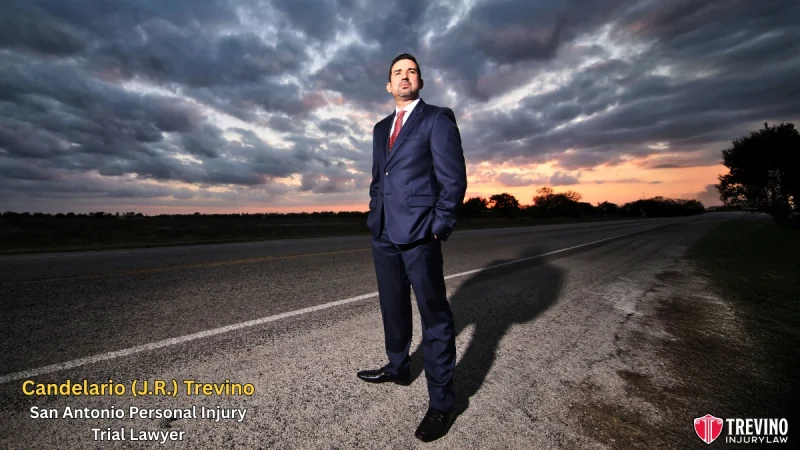 San Antonio personal injury trial lawyer, Candelario (J.R.) Trevino. wears a dark blue suit stands confidently on an empty rural road at sunset, with dramatic clouds in the sky. The text reads, "Candelario (J.R.) Trevino, San Antonio Personal Injury Trial Lawyer." The Trevino Injury Law logo appears in the lower right corner.