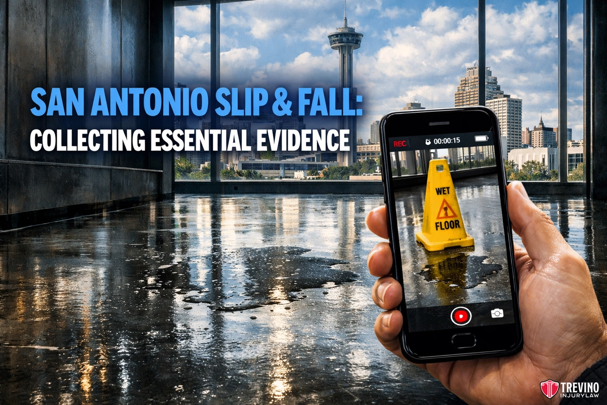 Slip and fall evidence to collect. A hand holds a smartphone recording a yellow "Wet Floor" sign on a shiny, wet floor inside a building. The window reveals the San Antonio skyline. Text reads "San Antonio Slip & Fall: Collecting Essential Evidence." Treviño Law Firm logo in corner.