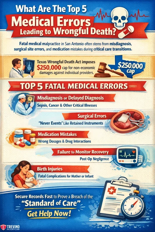 top-5-medical-errors-leading-wrongfull-death. Infographic titled "Top 5 Medical Errors Leading to Wrongful Death." It lists: misdiagnosis, surgical errors, medication mistakes, failure to monitor, and birth injuries. Includes icons, stats, and a Texas law cap of $250k for non-economic damages. Blue, red, yellow color scheme.