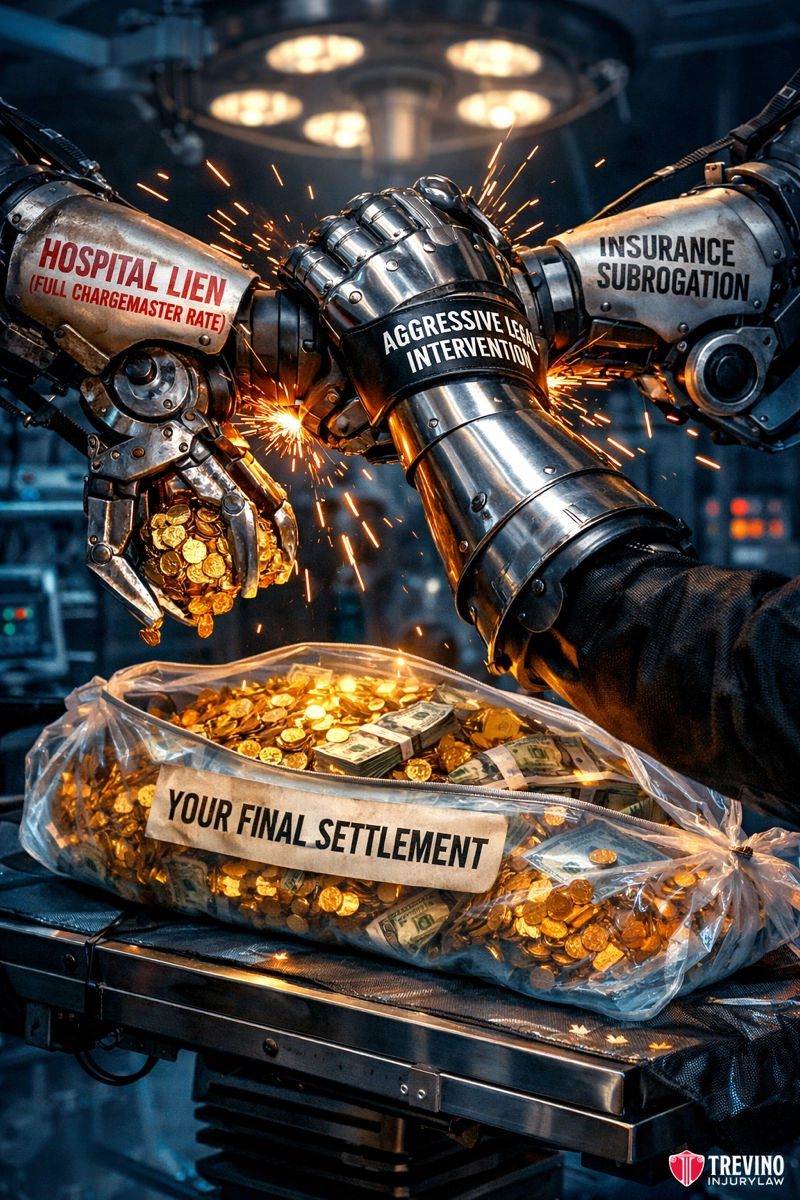 What expenses can eat into my final settlement check? Two robotic arms labeled "Hospital Lien" and "Insurance Subrogation" clash with sparks over a bag of cash and coins labeled "Your Final Settlement," while a third arm labeled "Aggressive Legal Intervention" intervenes between them.