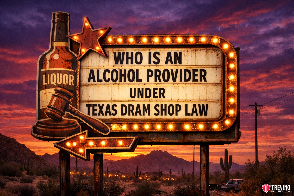 Who is an alcohol provider under Texas Dram Shop Law. A vintage, illuminated roadside sign at sunset reads: "Who is an alcohol provider under Texas Dram Shop Law." The sign features a bottle labeled "liquor," star decorations, and points left. Desert mountains and cacti are visible in the background.