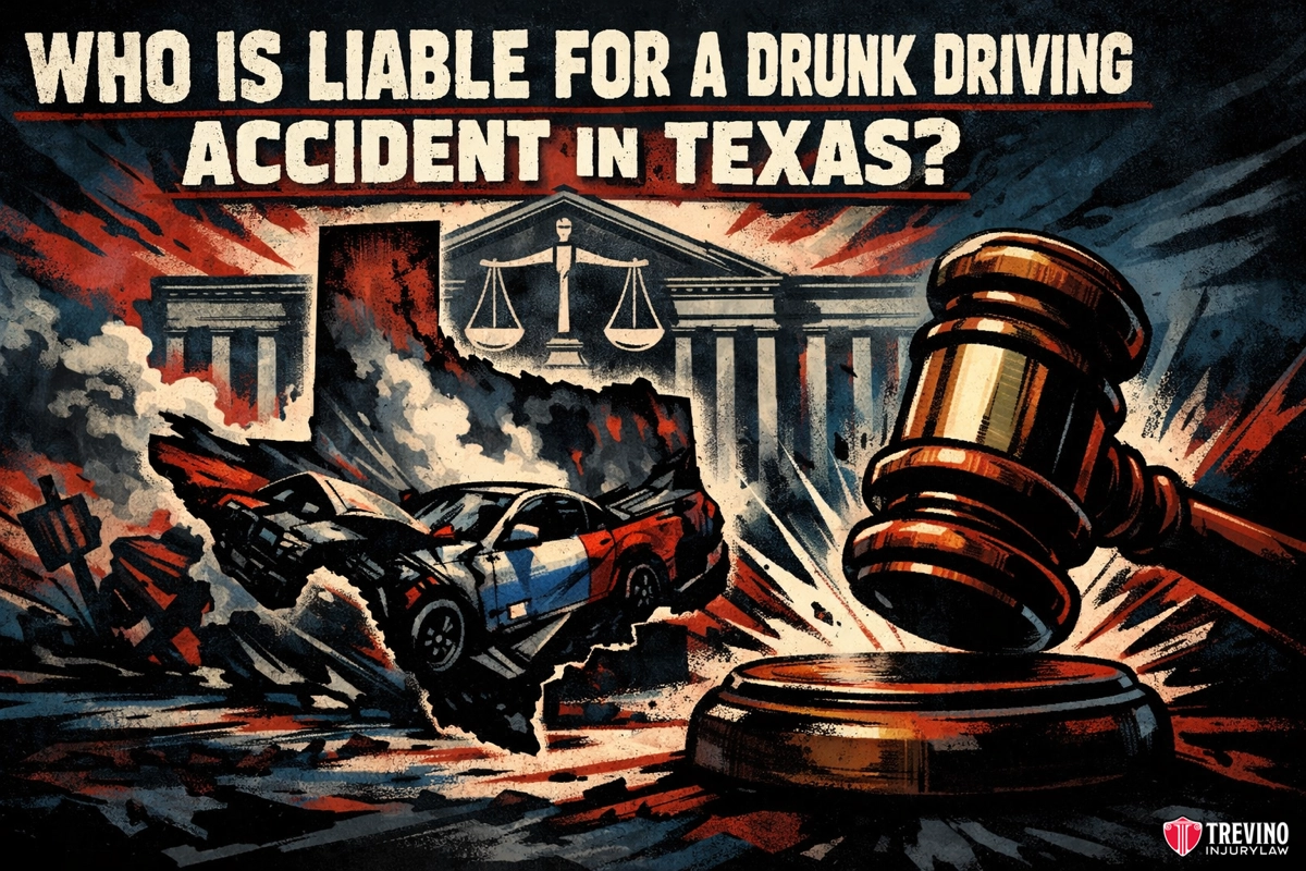who is liable for a drunk driving accident in Texas. An illustration shows a crashed car and a broken gavel in front of a courthouse and scales of justice. Bold text at the top reads "Who is liable for a drunk driving accident in Texas?" The Trevino Injury Law logo appears in the bottom right corner.