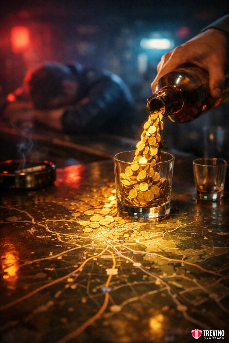 Who is liable under dram shop law? A hand pours gold coins from a bottle into a glass on a bar counter. Coins spill onto a city map on the table. In the background, a person with their head down appears distressed. The scene is dimly lit and smoky, with an ashtray nearby.