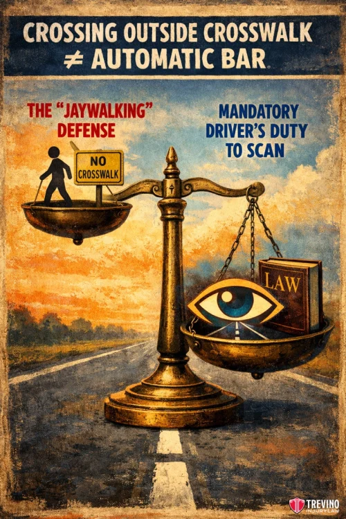 Are you automatically at fault if you were not in a crosswalk. A vintage-style poster shows a balance scale on a road. One scale holds a sign reading “No Crosswalk” with a walking person, labeled “‘Jaywalking’ Defense.” The heavier scale holds a book labeled “Law” and a large eye, captioned “Mandatory Driver’s Duty to Scan.”.