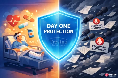 At What Point in the Timeline Should You Hire a San Antonio Pedestrian Lawyer. An injured person lies in a hospital bed on the left, surrounded by medical symbols. A blue shield reading "DAY ONE PROTECTION" divides the scene from microphones and "RECORDED STATEMENT" forms on the right, representing legal protection by Trevino Injury Law.