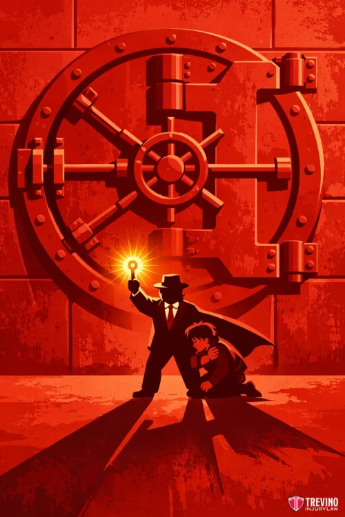 Average Settlement for Slip and Fall with Broken Bones at H-E-B. A silhouetted detective in a fedora holds a glowing key up to a massive, intricate vault door. Another person crouches behind him, casting long shadows on the red-lit floor, with bold light highlighting the sense of mystery and suspense.