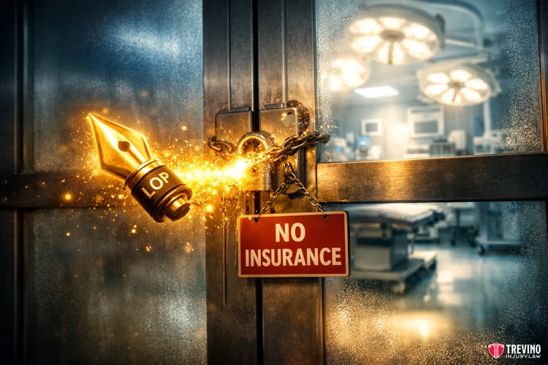 Can I Sue for Surgery Costs If I Dont Have Health Insurance? A glowing fountain pen labeled “LAW” breaks a chain locking hospital doors with a “NO INSURANCE” sign, revealing a lit operating room inside. The image suggests legal intervention unlocking healthcare access for uninsured patients.