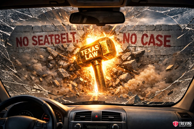 Can You Still File a Lawsuit if You Werent Wearing a Seat Belt? View from inside a car, looking at a stone wall labeled "NO SEATBELT NO CASE." A flaming gavel labeled "TEXAS LAW" smashes through the wall, sending debris flying. The Trevino Injury Law logo appears in the lower right corner.
