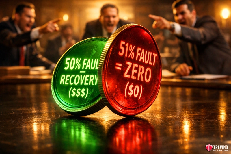 Can You Sue Even If Your Injuries Were Partially Your Fault. Two oversized coins display messages: the green coin reads “50% Fault = Recovery ($$$)” and the red coin reads “51% Fault = Zero ($0).” In the background, three men in suits argue and point fingers across a table in a dimly lit room.