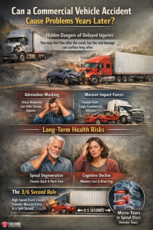 Can-a-commercial-vehicle-accident-cause-problems-years-later. A large truck and a red car collide on a road, causing visible damage and chaos. Inset images illustrate truck accidents, people in pain, a clock, spine injuries, and medical visuals, highlighting long-term health risks and delayed dangers of commercial vehicle accidents.