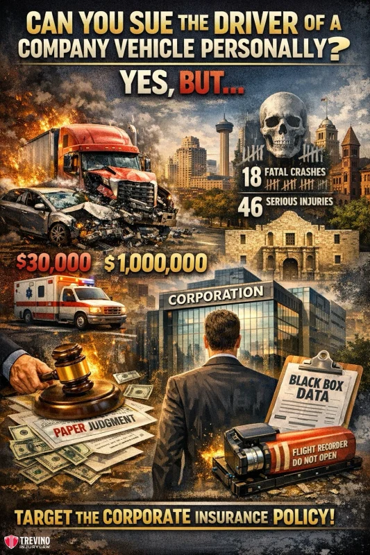 Can-you-sue-the-driver-of-a-company-vehicle-personally. A dramatic collage shows a semi-truck crash, courthouse, and cityscape. Text asks about suing a company vehicle driver and lists crash stats, financial figures, and legal imagery (gavel, money, black box data). Message: target the corporate insurance policy.