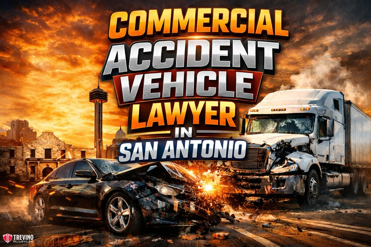 Commercial-Accident-vehicle-lawyer-in-San-antonio. A dramatic scene showing a semi-truck and a car colliding with debris flying, set against a city skyline at sunset. Large bold text reads: "Commercial Accident Vehicle Lawyer in San Antonio." A law firm logo appears in the bottom left corner.