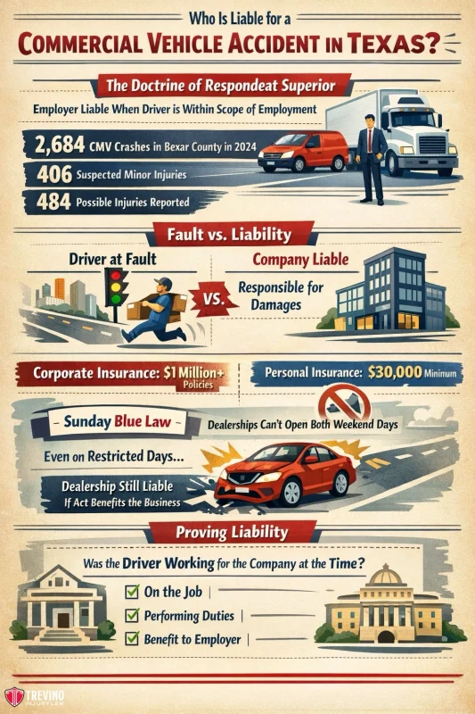 Commercial-vehicle-accident-in-texas. Infographic on Texas commercial vehicle accident liability. It explains employer liability, accident statistics, fault vs. company liability, corporate insurance, dealership rules, and questions to determine if the driver was working for the company at the accident time.