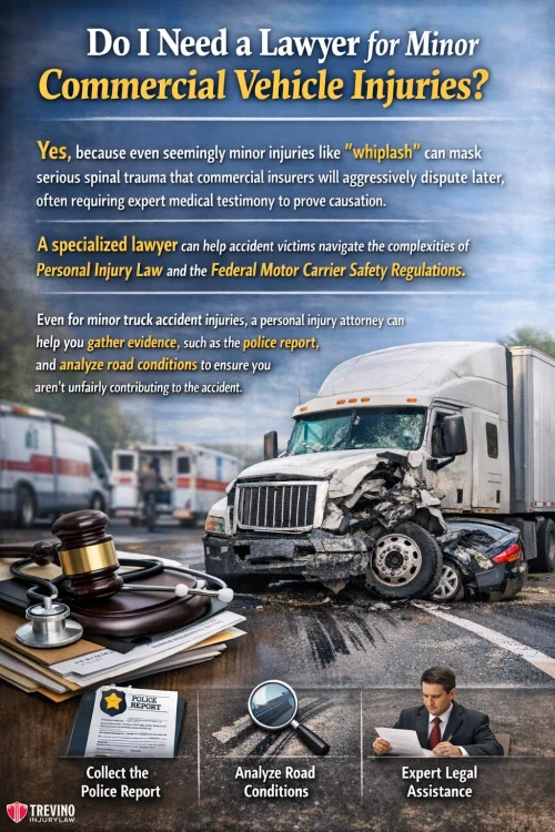 Do-I-need-a-lawyer-for-minor-commercial-vehicle-injuriesA large truck and a white SUV are involved in an accident on a road. Text explains why a lawyer may be needed for minor commercial vehicle injuries. At the bottom, icons represent collecting a police report, analyzing road conditions, and expert legal help.
