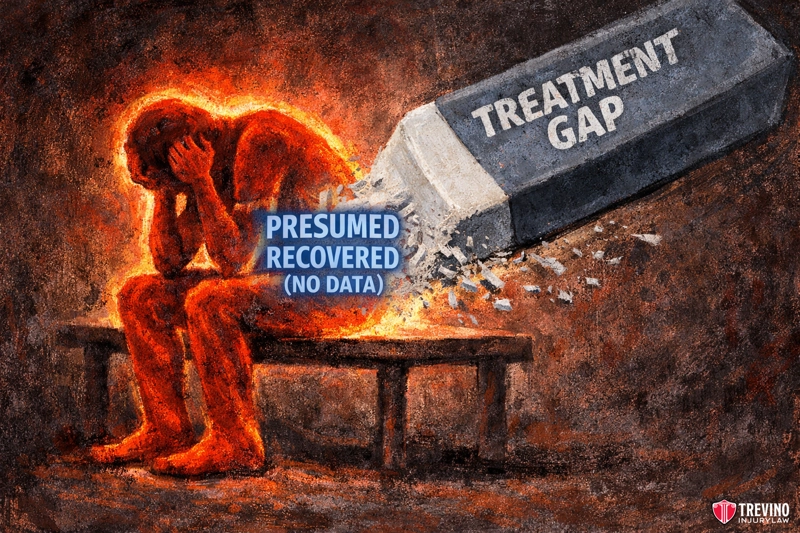 Does a Gap in Treatment Affect Pain and Suffering Damages in Texas? A distressed person sits hunched on a bench, glowing orange and holding their head. A giant eraser labeled "TREATMENT GAP" erases part of their body, revealing the words "PRESUMED RECOVERED (NO DATA)." The scene is textured and painted in dark tones.