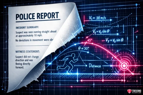 Does a police report prove fault in a San Antonio pedestrian accident? A police report page is peeled back to reveal physics diagrams of projectile motion. Behind the report, a running figure, motion equations, and trajectory arcs are shown on a blue and red digital grid, suggesting a scientific analysis of movement related to the report.
