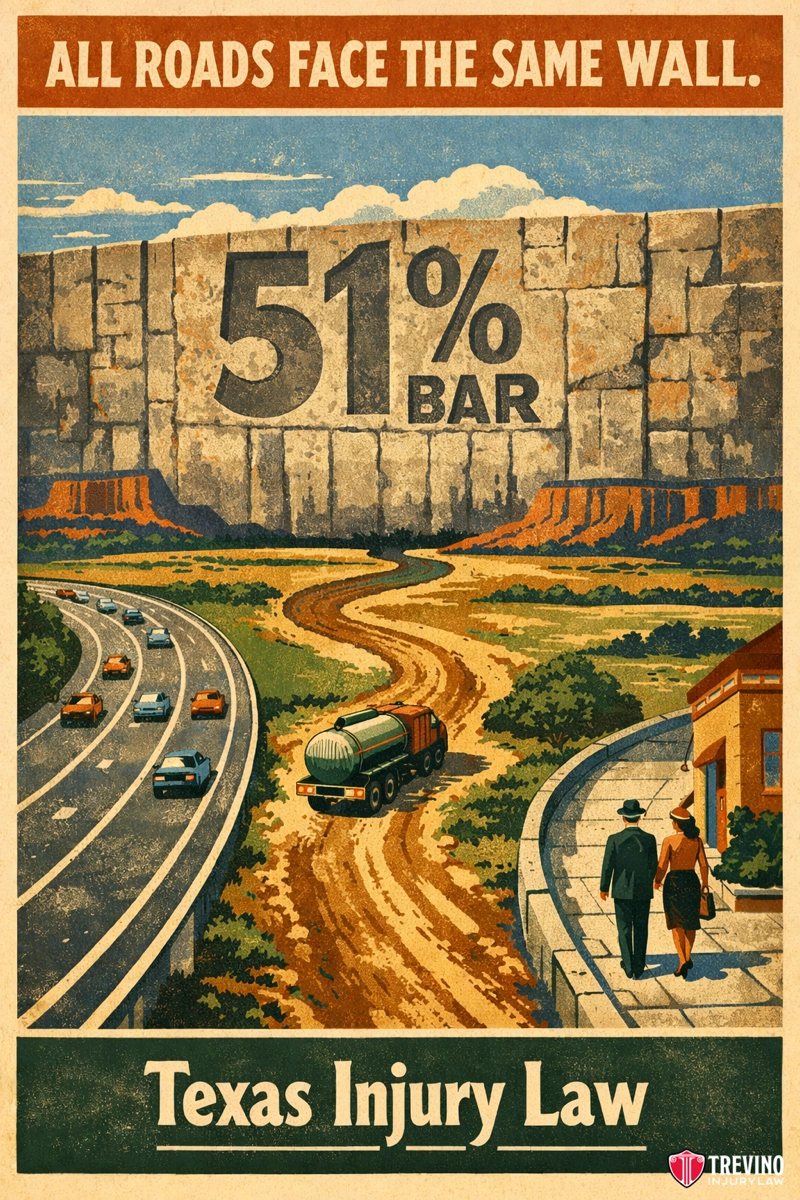 Does the Texas 51 Rule Apply to Car Accident Claims? A retro-style illustration shows a highway and dirt road merging into a massive stone wall labeled “51% BAR.” At the top, bold text reads, “ALL ROADS FACE THE SAME WALL.” At the bottom, it says, “Texas Injury Law.” Two people stand in the foreground.