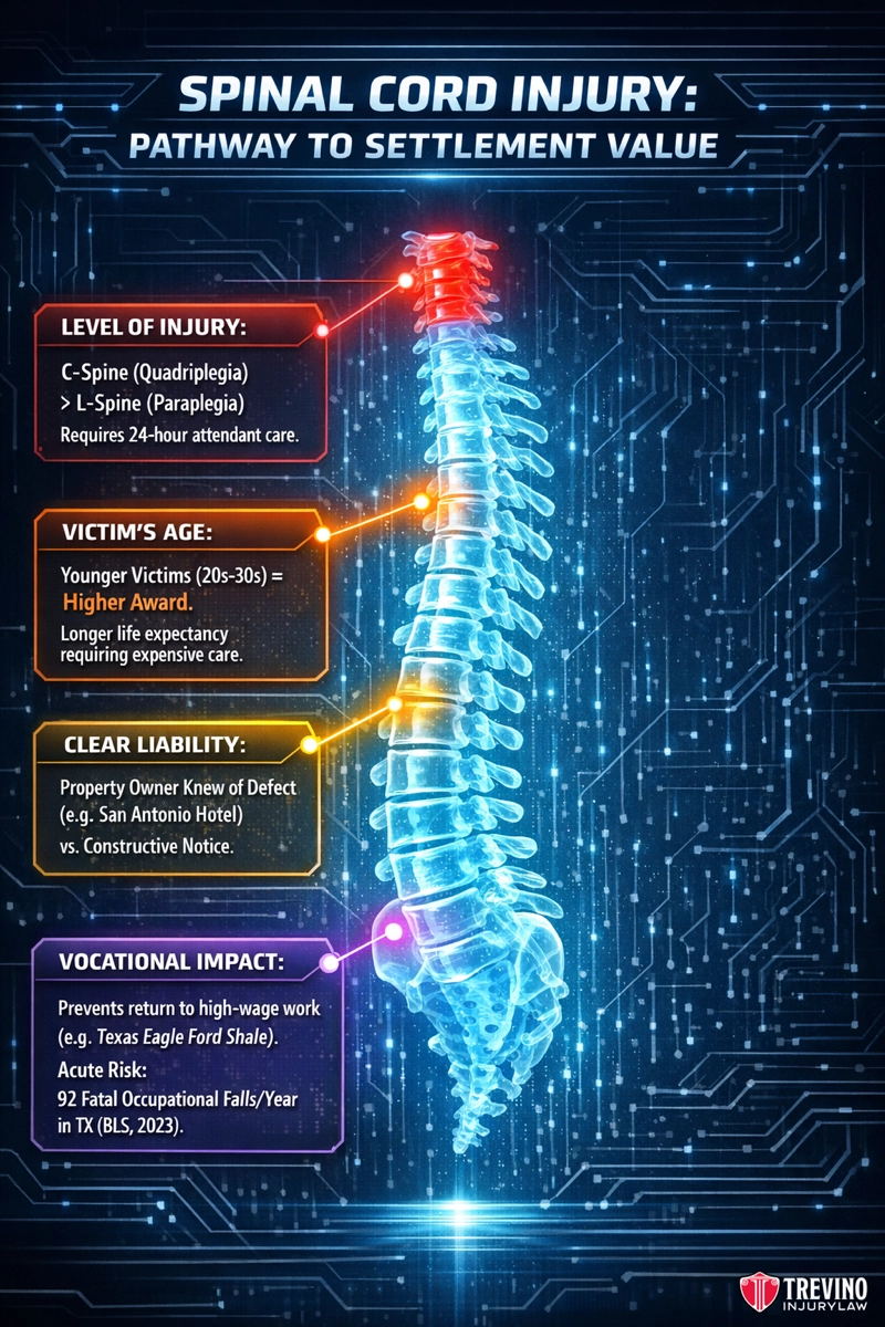 Factors That Affect Settlement Values for Spinal Cord Injury Victims. An infographic of a glowing human spine highlights factors in spinal cord injury settlements: injury level (C-spine or L-spine), victim's age, liability knowledge, and vocational impact. Blue circuitry and orange points emphasize key spinal regions. Trevino Law Firm logo at bottom right.