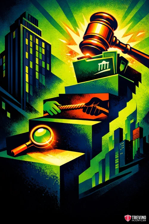 How Can You Get Compensation Beyond Workers Comp After a Texas Construction Accident? A stylized image shows courthouse steps with legal symbols: a gavel atop files, two hands shaking, and a magnifying glass. Tall buildings line the sides. The image uses bold green, yellow, and orange tones with “TREVINO INJURY LAW” in the bottom right corner.