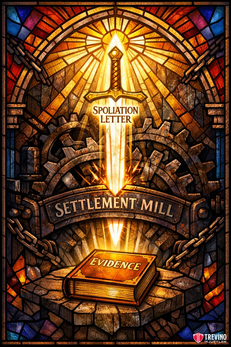 How Can a Lawyer Prevent Insurance Companies From Unfairly Blaming You? A stained-glass style image shows a glowing sword labeled "SPOLIATION LETTER" striking down into gears labeled "SETTLEMENT MILL," with a book titled "EVIDENCE" below. Sunrays and gears surround the scene, creating a dramatic, justice-themed composition.