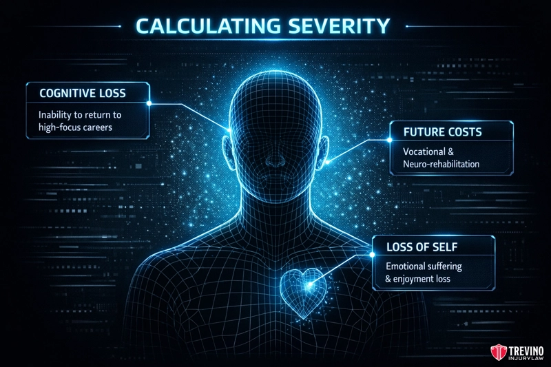 How Compensation is Calculated for Traumatic Brain Injuries in Texas? A digital illustration of a human figure with a glowing heart highlights three aspects: cognitive loss (inability to return to high-focus careers), future costs (vocational and neuro-rehabilitation), and loss of self (emotional suffering and enjoyment loss).