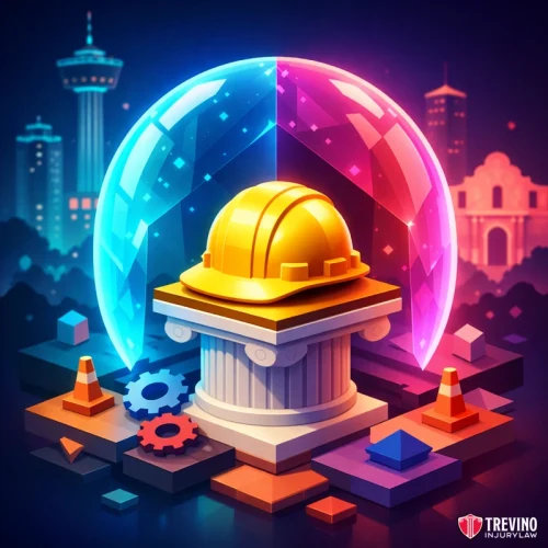 How Do I Choose the Best Lawyer for My Construction Case? A yellow construction helmet sits on a pedestal, surrounded by gears and traffic cones. A glowing dome shields it, with a city skyline and landmarks in the background. The Trevino Injury Law logo appears in the corner. The scene is vibrant and digitally illustrated.