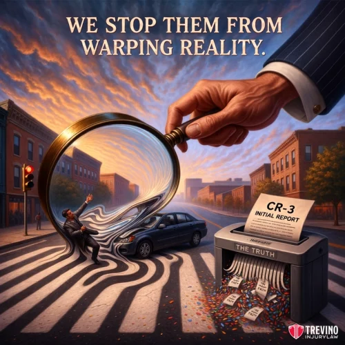 How Do Insurance Companies Try to Manipulate Pedestrian Liability Rules? A giant hand holds a magnifying glass that distorts a car accident scene, swirling the street and people. Below, a “CR-3 Initial Report” feeds into a shredder labeled “THE TRUTH.” Text above reads, “WE STOP THEM FROM WARPING REALITY.” Trevino Injury Law logo.