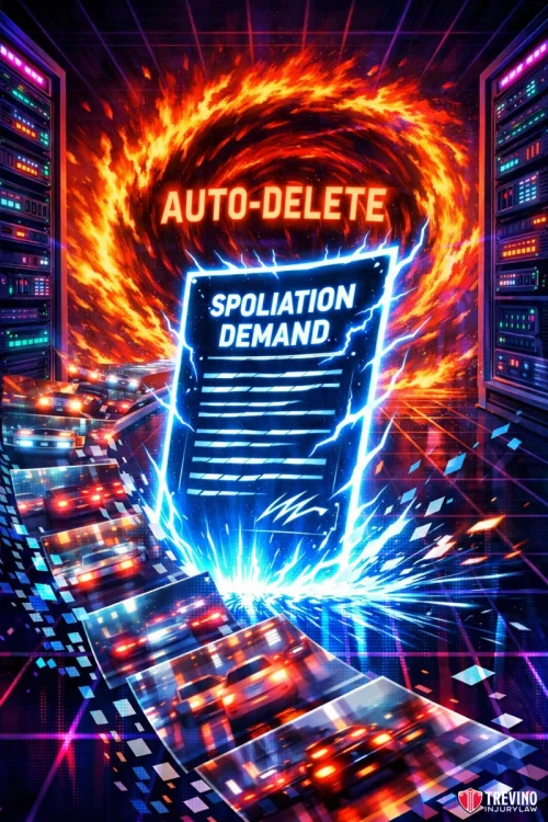 How Do Spoliation Letters Prevent the Destruction of Pedestrian Crash Video? A glowing document labeled "SPOLIATION DEMAND" electrifies a conveyor of computer chips, stopping data flow as a fiery portal labeled "AUTO-DELETE" looms behind. Computer servers flank the scene in a vivid, futuristic style. Trevino Law Firm logo appears in the corner.