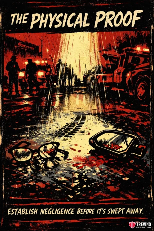 How Do You Document the Accident Site and Physical Scene in San Antonio? Two police cars and officers stand on a rain-soaked street at night. In the foreground, broken glasses and a shattered car mirror lie on the wet ground by tire tracks. Text reads, “THE PHYSICAL PROOF. Establish negligence before it’s swept away.”.