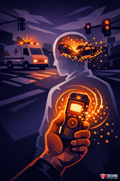 How Do You Gather and Verify Witness Statements After Being Hit by a Car? A stylized illustration shows a hand holding a glowing voice recorder. In the background, a shadowy silhouetted figure, filled with fragmented digital shapes, contains an image of a car crash and an ambulance at a city intersection at night.