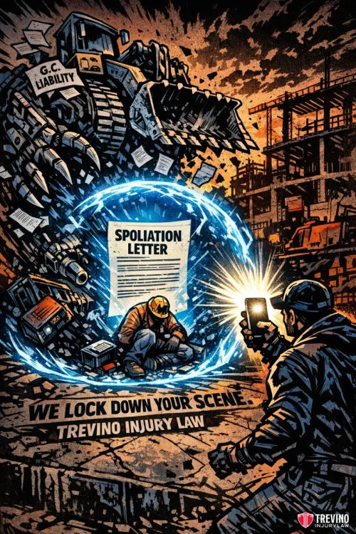 How Do You Preserve Critical Evidence Before Contractors Clear the Scene? A dramatic comic-style scene shows a giant robot labeled "G.C. Liability" looming over a construction worker. A glowing "Spoliation Letter" shield protects the worker as a person takes a photo. Text reads "We lock down your scene. Trevino Injury Law.